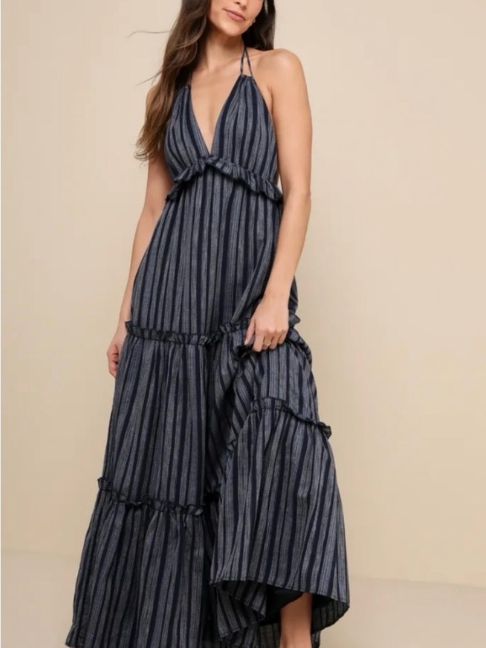 Lulu's Navy and Black Striped Halter Maxi Dress